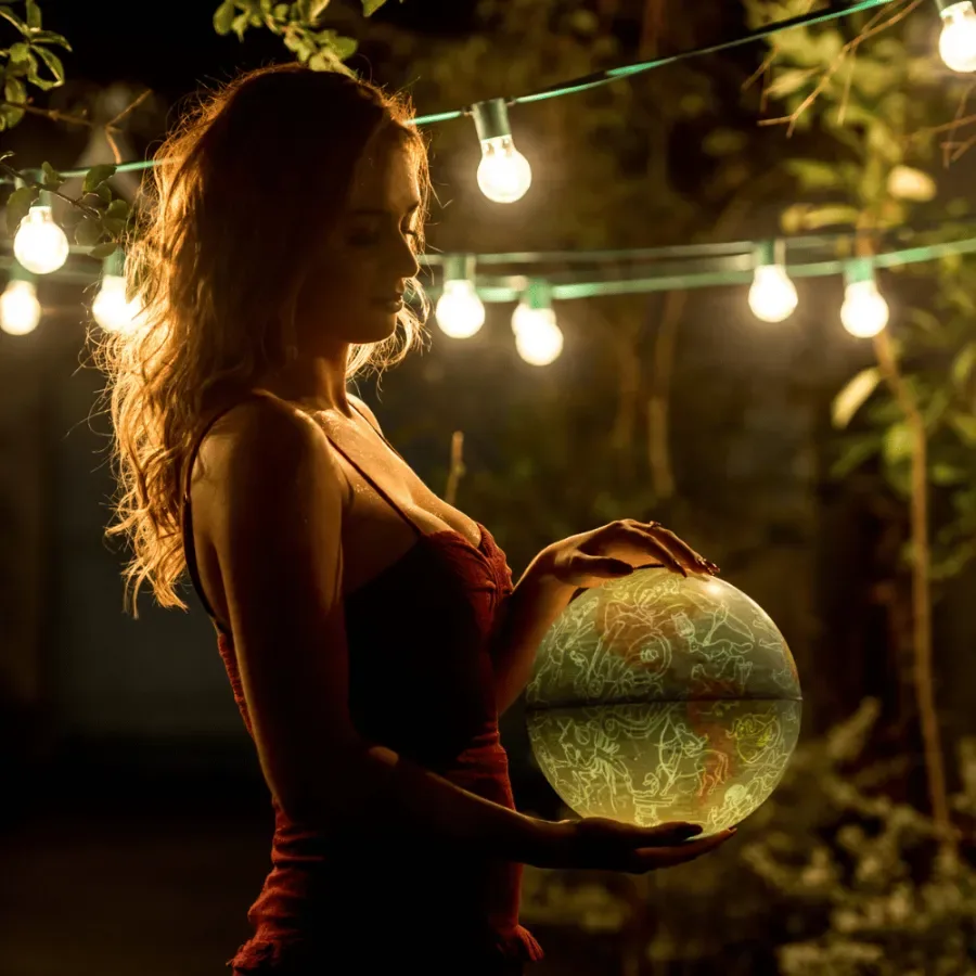 Thais segurando um globo iluminado sob luzes de jardim à noite