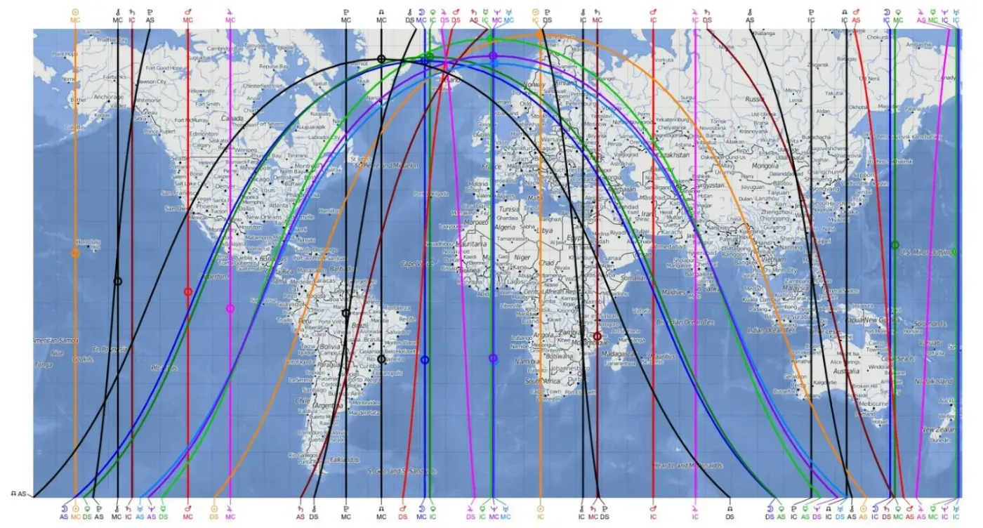 Exemplo de mapa astrocartográfico com linhas planetárias sobre o mapa-múndi